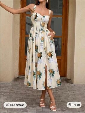 Floral Bustier Midi Dress in Cream